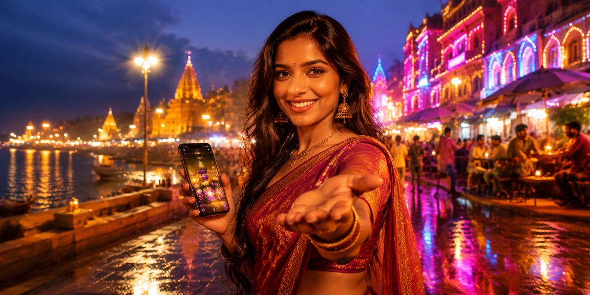Mobile live casino interface at night market in Varanasi